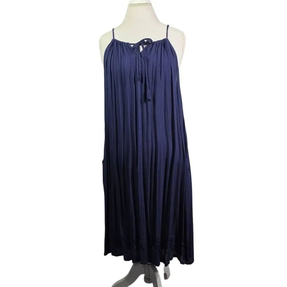 S.R Fashsion Sleeveless Navy Dress with Tie Neck With Pockets Size L